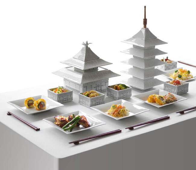 歴史ある古都の建物を磁器で再現。屋根を外すと中からお料理が現れる！古都うつわ「KINKAKU」「GOJU」がリバイバル発売
