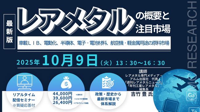 【ライブ配信/ZOOM】「レアメタルの概要と注目市場 - 車載LIB、電動化、半導体、電子・電池材料、航空機・軽金属用途の原料市場」セミナー開催！2025年10月9日(木) 主催：(株)シーエムシー・リサーチ