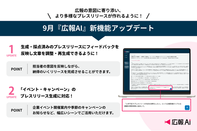 『広報AI』がさらに進化!生成後の文章再調整とイベント・キャンペーンリリースの作成に対応