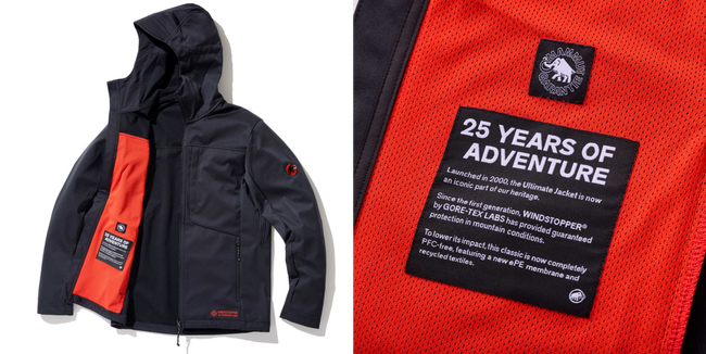 マムートの「究極」のソフトシェルジャケットが誕生から25年！25周年を記念した特別デザインの黒と赤を基調とした限定モデル「アルティメイト 8 SO フーデッド ジャケット 25 YEARS」が登場。