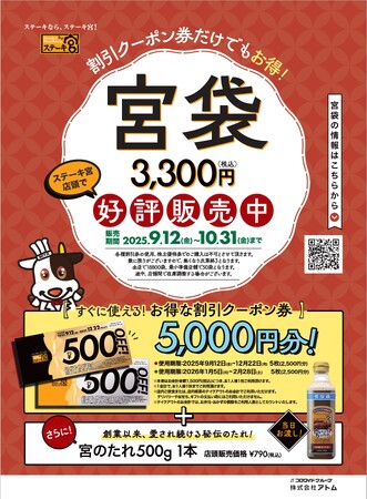 昨年、販売開始から3日で完売する店舗が発生した、お得な「宮袋」が今年は例年より2週間早く登場！5,000円分のクーポン券と宮のたれ500g 1本のセット