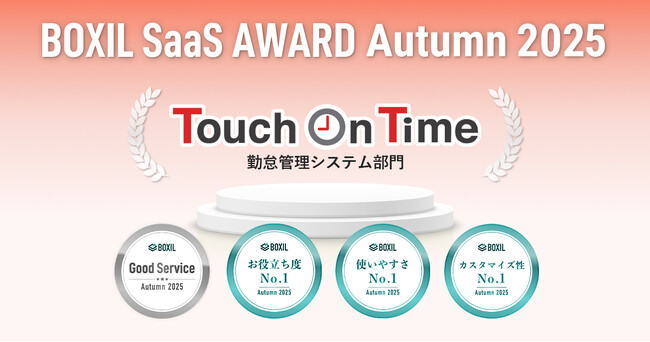 Touch On Time（タッチオンタイム）、「BOXIL SaaS AWARD Autumn 2025」勤怠管理システム部門で4つの賞を受賞