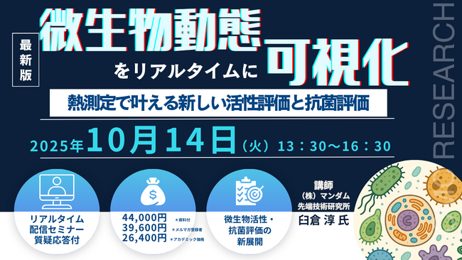 【ライブ配信/ZOOM】「微生物動態をリアルタイムに可視化！ 熱測定で叶える新しい活性評価と抗菌評価」セミナー開催！10月14日（火）主催：(株)シーエムシー・リサーチ