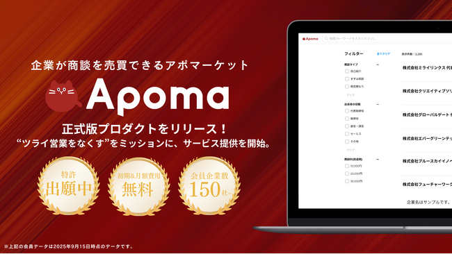 【固定費ゼロ／特許出願中】システム開発やデザインなどの発注先を探せる企業コンペプラットフォーム『APOMA』を正式リリース。会員企業は150社突破、コンペ経由発注で最大30万円支給。