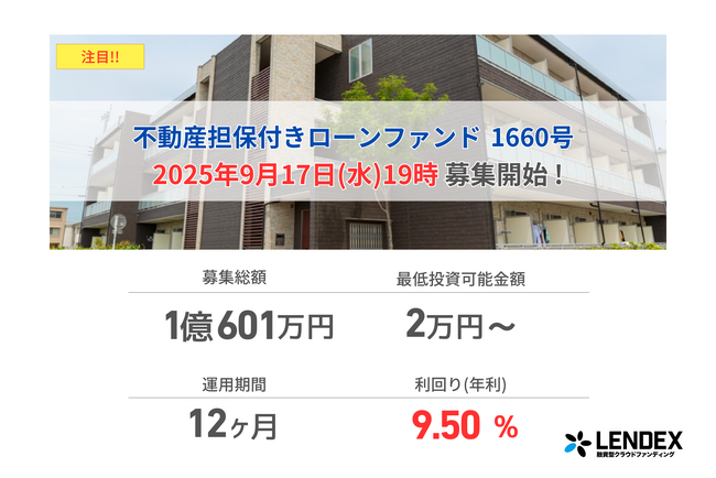 【LENDEX】本日開始、不動産担保付きローンファンド1660号の募集開始のお知らせ