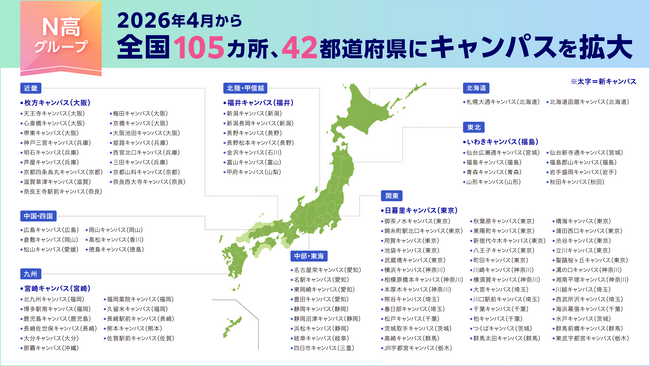 N高グループリアルキャンパス 2026年4月から全国105カ所42都道府県に拡大 福井県・宮崎県は初のキャンパスを開設