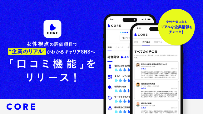 働く女性のコミュニティSNS「CORE」が、所属企業の「口コミ機能」をリリースしました。