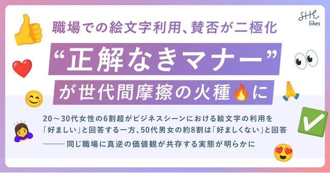 SHE、職場コミュニケーションにおける絵文字利用を調査│職場での絵文字利用は賛否が二極化、“正解なきマナー”が世代間摩擦の火種に