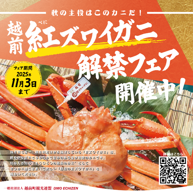 【福井県越前町】一足早くカニを堪能しよう！福井県越前町で「越前紅ズワイガニ解禁フェア」を11月3日(月)まで開催中！