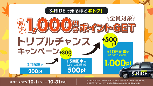 配車回数に応じておトク！ 最大1,000円分ポイントGET　タクシーアプリ「S.RIDE(R)」、トリプルチャンスキャンペーンを開催