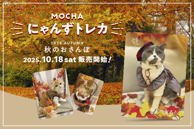 秋風情の溢れる紅葉や落ち葉と共ににゃんずたちが大集合！期間限定の特別なトレカを集めよう「MOCHAにゃんずトレカ～2025 Autumn～ 秋のおさんぽ」