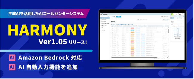 生成AIを活用したAIコンタクトセンター『HARMONY Ver1.05』をリリース！「Amazon Bedrock対応」とAIによる「会話内容の自動入力機能」でコールセンター業務をさらに革新