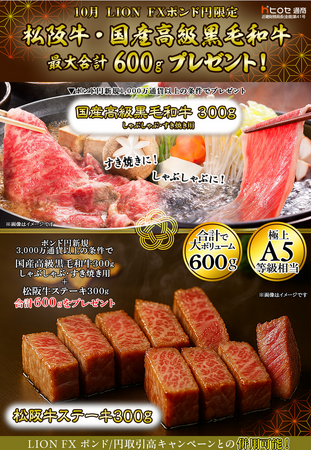 LION FXポンド円限定 松阪牛・国産高級黒毛和牛最大600gプレゼント!を実施！