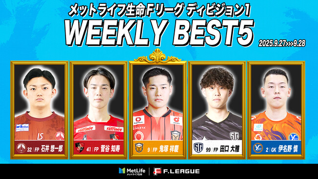 鬼塚祥慶（バサジィ大分）が週間MVPに！第13節｜2025年9月27日～9月29日 週間ベスト5【メットライフ生命Ｆリーグ2025-26 ディビジョン1】