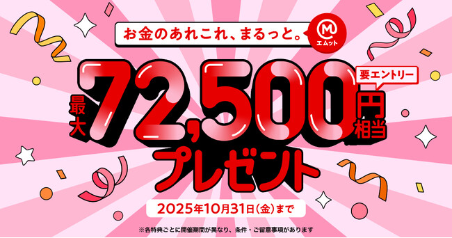 【三菱ＵＦＪ銀行】最大72,500円相当をプレゼント！新金融サービスブランド「エムット」によるキャンペーンが10月6日(月)から開始！