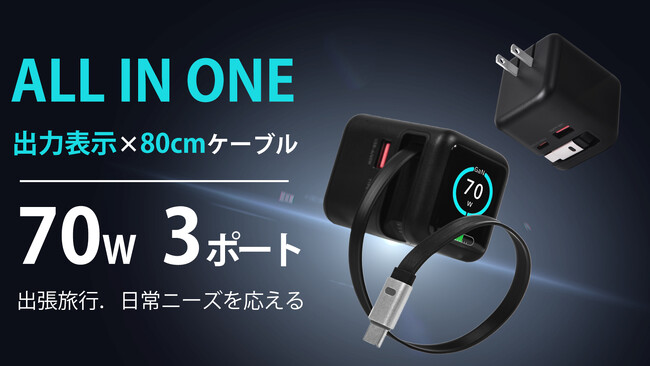 発売開始!充電の“全部入り”。出力表示付き、ケーブル内蔵のGaN 70W急速充電器