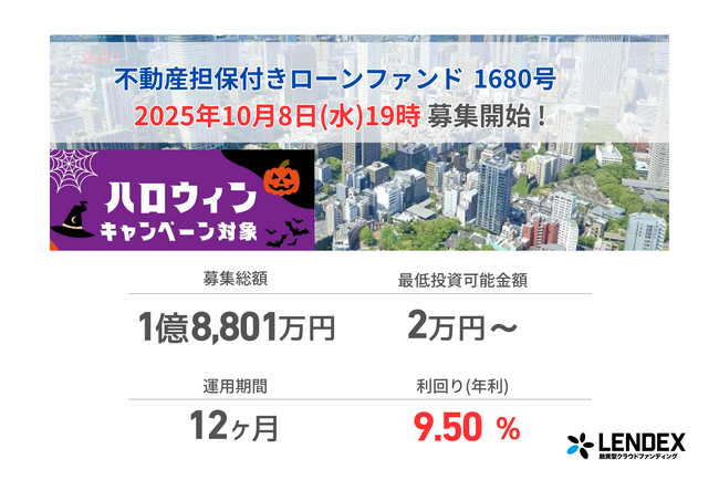 【LENDEX】本日開始、不動産担保付きローンファンド1680号の募集開始のお知らせ