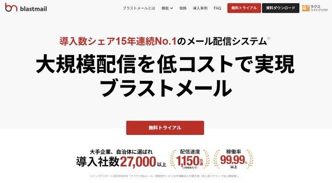 メール配信システム「ブラストメール」が、デロイト トーマツ ミック経済研究所の「クラウド型eメール一斉配信サービスの市場動向と中期予測」において、15年連続で新規契約顧客数シェア1位を獲得