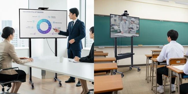 会議室も教室も展示会も一台で！70kg対応の電動昇降スタンドを10月15日に発売