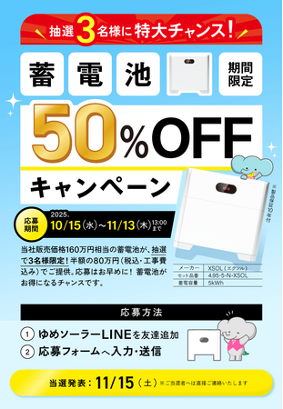 ゆめソーラー、「蓄電池50%OFFキャンペーン」を開催!