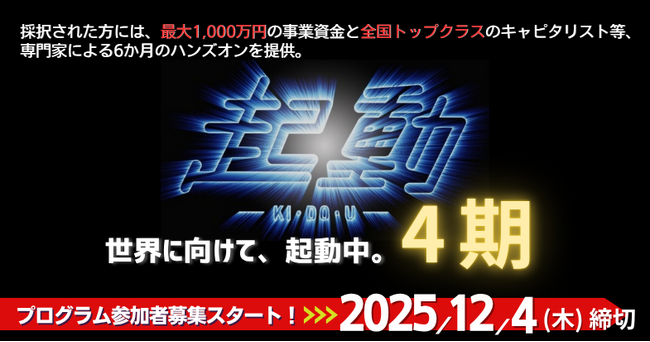 最大1,000万円の事業資金提供に加え、協業支援や大阪府内での事業所設置支援も新設！関西発グローバル・スタートアップ創出プログラム「起動4期」参加者を募集開始