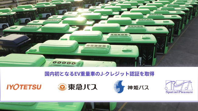 Spatial Pleasure、伊予鉄バス、神姫バス、東急バス等と協力し、国内初となるEV重量車のJ-クレジット認証を取得。モビリティカーボンクレジットグループ（MCCG）を組成し、脱炭素を加速。