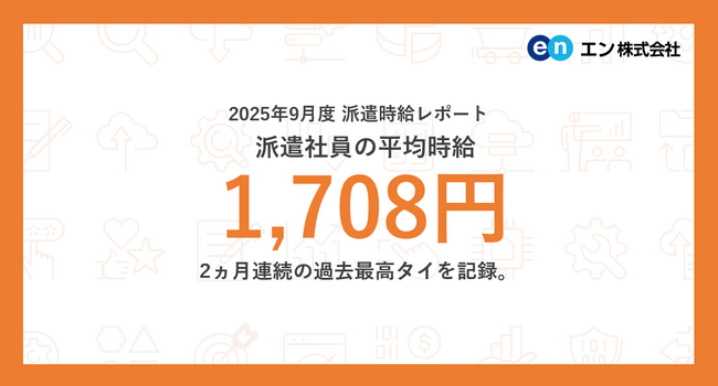 2025年9月度 派遣社員の平均時給は1,708円。2ヵ月連続の過去最高タイを記録