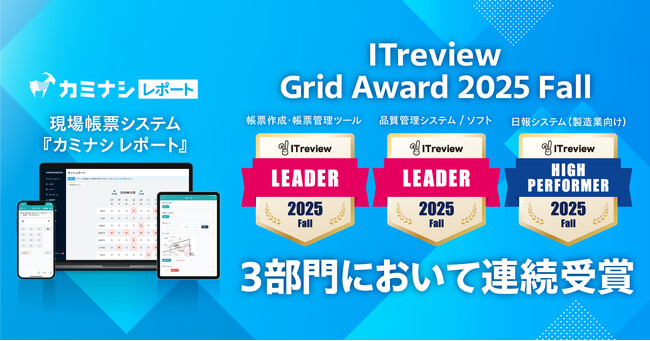 現場帳票システム『カミナシ レポート』が「ITreview Grid Award 2025 Fall」の3部門において連続受賞