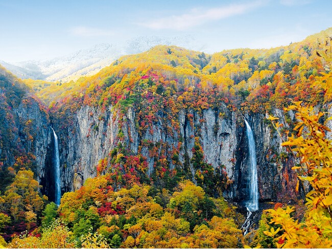 壮大な二条の滝と紅葉のコントラスト　米子大瀑布（日本の滝百選・国指定名勝「米子瀑布群」）、秋の絶景と紅葉を満喫！