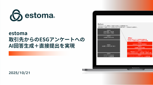 ESG情報統合管理クラウド「estoma」が、数百問の質問票対応工数を劇的に削減する、AI自動転記機能をリリース。ESG報告業務の劇的な効率化を実現