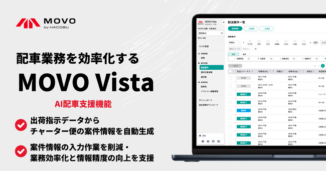 Hacobu、配車受発注・管理サービス「MOVO Vista」にAI配車支援機能を提供開始。