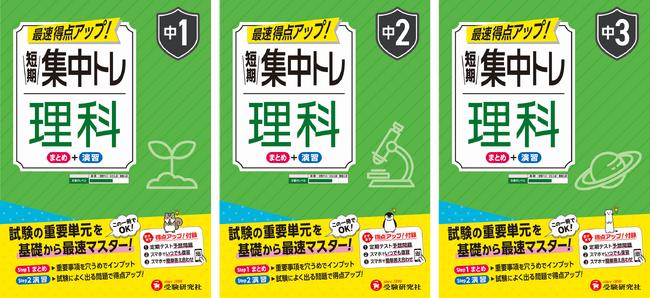 次の期末テストの理科はこれで平均点をクリア！どんな問題が解けるようになればいいのか、得点アップの道筋を見開き2ページで示す『中学 短期集中トレ』（理科 中1/中2/中3）が新登場！