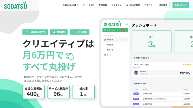 月額6万円でクリエイティブ部門を外注から内製へ。AIとプロが伴走するSaaS型制作代行サービス「SODATSU」を正式リリース