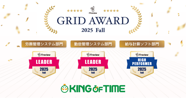 「KING OF TIME」が「ITreview Grid Award」にて最高位の「Leader」を26期連続受賞