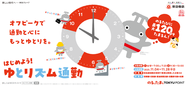 朝のピーク時間帯の前後に乗ると、１日最大１２０ポイントのＴＯＫＹＵ　ＰＯＩＮＴが貯まる「はじめよう！ゆとリズム通勤」を１１月４日（火）から１１月２８日（金）の期間限定で実施