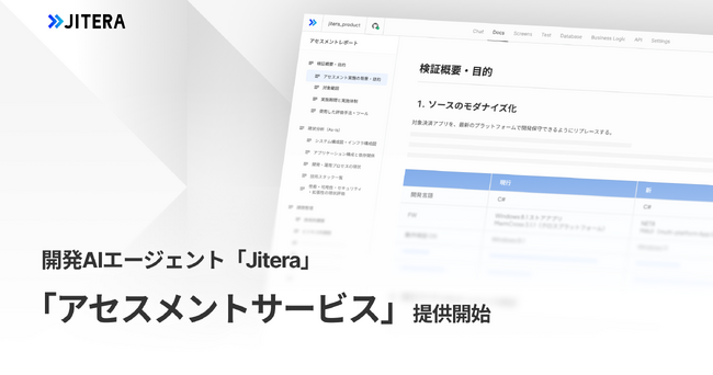 Jitera、モダナイゼーションを支援するアセスメントサービスを提供開始。AIを活用した課題の可視化と開発でコストとリスクを低減