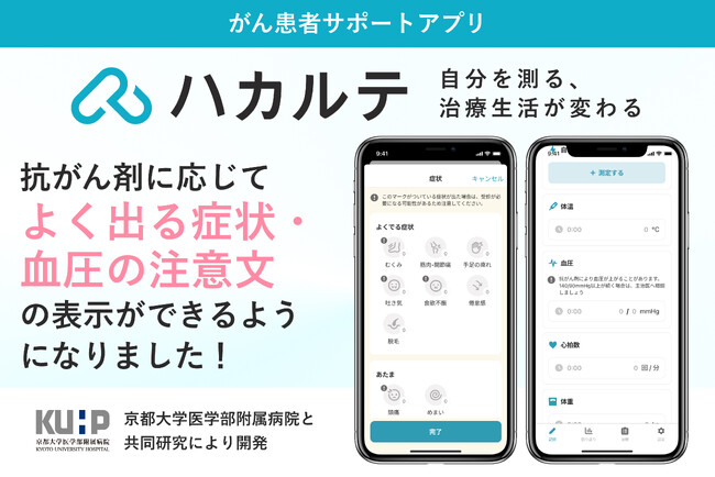 がん患者サポートアプリ「ハカルテ」、治療の内容に応じた、よく出る症状・血圧の注意文の表示機能をリリース