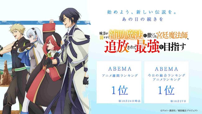 毎週土曜日よる11時30分より放送のTVアニメ『味方が弱すぎて補助魔法に徹していた宮廷魔法師、追放されて最強を目指す』ABEMAで「今日の総合&アニメランキング」&「アニメ週間ランキング」で1位を獲得