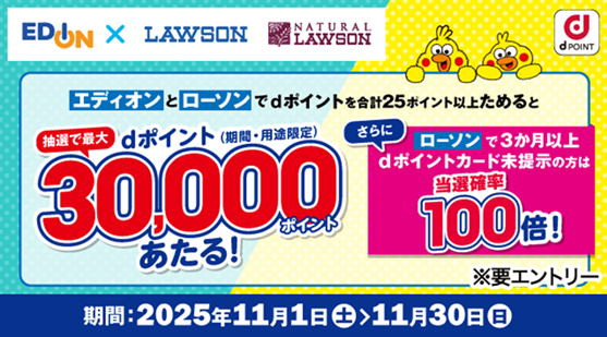エディオン ・ローソンにおいて「抽選でdポイント最大３万ポイントあたる！キャンペーン」を開催