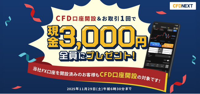 「CFD口座開設＆お取引1回でもれなく3,000円プレゼント！キャンペーン」実施！