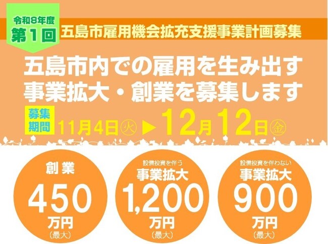 令和8年度第1回五島市雇用機会拡充支援事業計画募集!!五島列島にしごとを創り暮らしを守るため、事業所設置・起業を全国から公募します。事業費の4分の3（最大1,200万円）を助成。