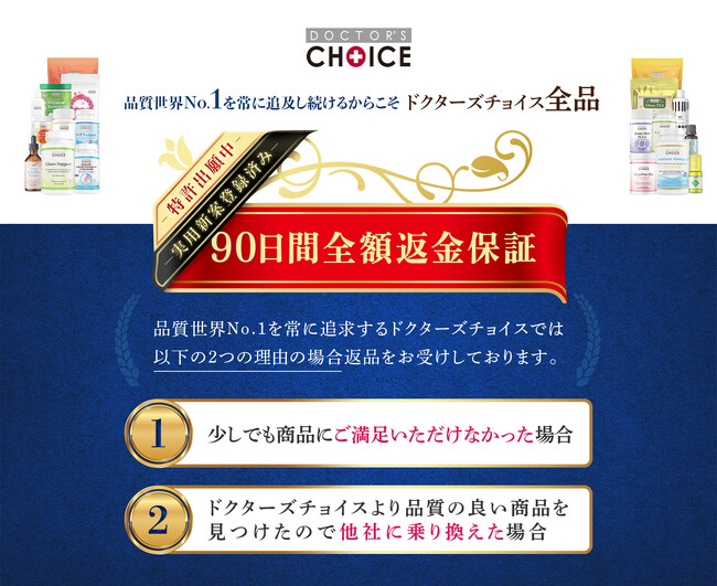 【 満足していても返金OK 】 　ドクターズチョイスの「90日間全額返金保証」が、 サプリメント業界の常識を覆す制度として実用新案権を取得！ 