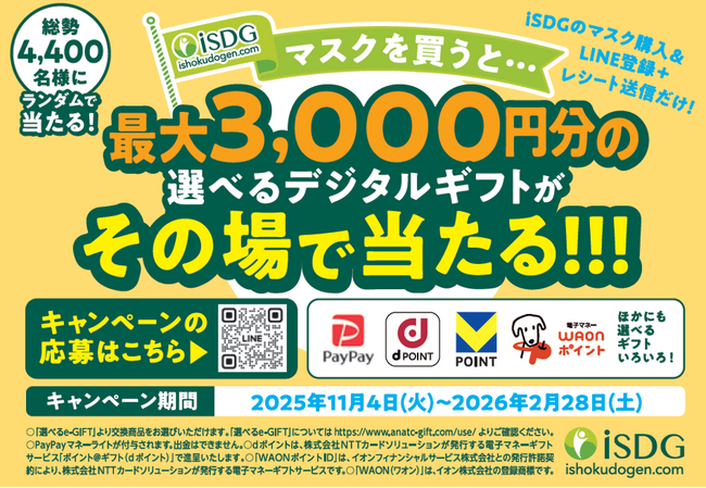 対象マスクを買って応募！総勢4,400名様にデジタルギフトが当たる「iSDGマスク」キャンペーン開催