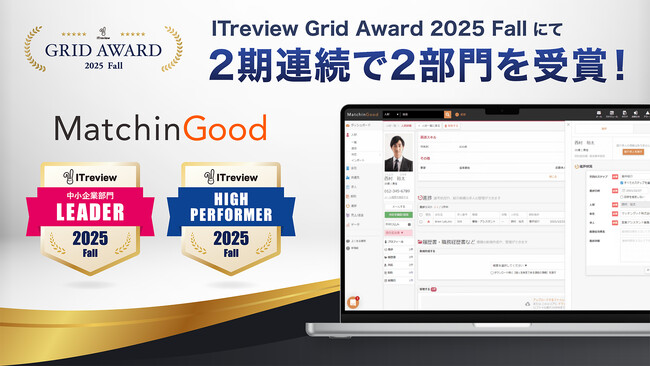 人材派遣・紹介管理システム「MatchinGood」「ITreview Grid Award 2025 Fall」で2期連続受賞、「Leader」「High Performer」を獲得