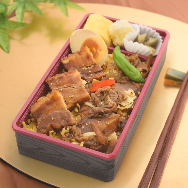 【梅の花テイクアウトショップ】いい肉の日に！黒毛和牛牛めしと豚角煮の相盛り重販売！