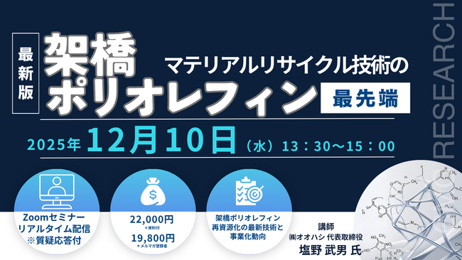 【ライブ配信/ZOOM】「架橋ポリオレフィンのマテリアルリサイクル技術の最先端」セミナー開催！　12月09日（水）主催：(株)シーエムシー・リサーチ