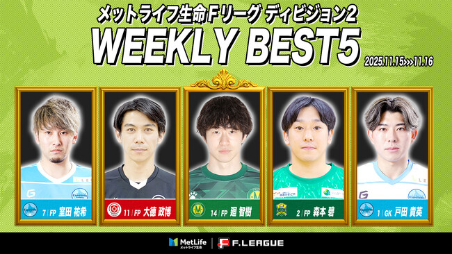 廻智樹（白山）が週間MVPに！第15節｜2025年11月15日～11月16日 週間ベスト5【メットライフ生命Ｆリーグ2025-26 ディビジョン2】