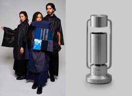 ミハイルギニスアオヤマDFAaward受賞コートストールとキヤノンのスポットライト型アルミスピーカー「albos Light & Speaker」