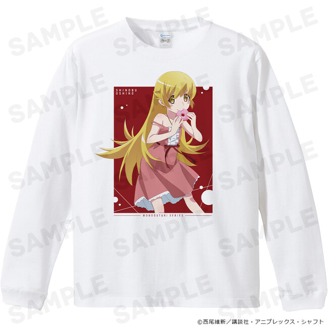 ＜物語＞シリーズ　リブ付ロングスリーブTシャツ、Tシャツ、B2タペストリー、キャラクターラバーマット、アクリルキャラスタンド、缶バッジ4個セットなどの受注を開始しました！