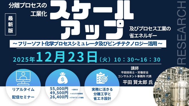 【ライブ配信/ZOOM】「分離プロセスの工業化スケールアップ及びプロセス工業の省エネルギー　」セミナー開催！12月23日（火）主催：(株)シーエムシー・リサーチ